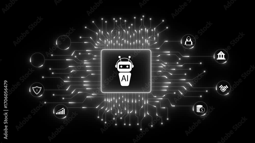 Poster artificial intelligence chip icon. ai and robotics process data across digital networks and circuits