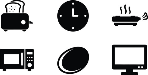 Collection of Kitchen Appliances Icons Featuring Toaster, Clock, Grill, Egg and TV
