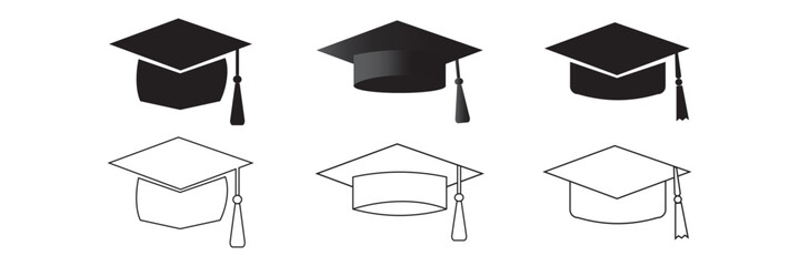 Graduation hat cap flat and outline icons set. Academic degree pictogram vectors. Graduation student black cap, diploma sign. University graduation ceremony symbols isolated on white background.