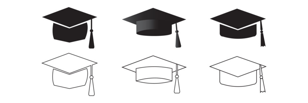 Graduation hat cap flat and outline icons set. Academic degree pictogram vectors. Graduation student black cap, diploma sign. University graduation ceremony symbols isolated on white background.