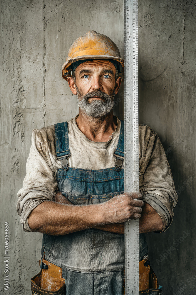 Poster construction worker leveling plaster with precision in rustic space