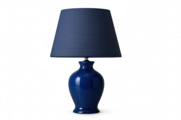 Sleek blue table lamp complementing modern decor, positioned against clean transparent backdrop