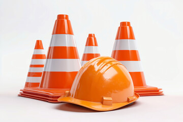 Construction sign with traffic cones and safety helmet in realistic rendering on white background