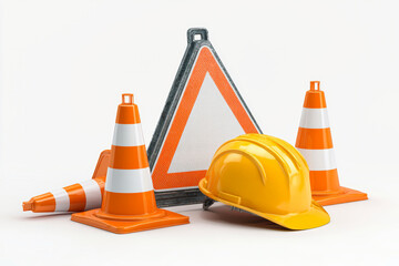 Construction sign with traffic cones and safety helmet in realistic 3D vector rendering against white background
