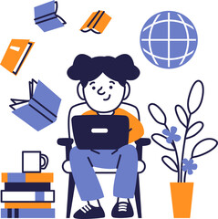 Young woman studying online with laptop, books and globe &mdash; e-learning concept illustration.