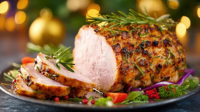A beautifully roasted ham garnished with herbs sits on a decorated table, perfect for a holiday celebration in December