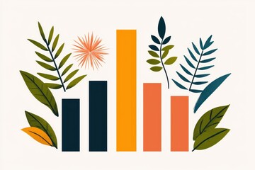 A vibrant graphic featuring colorful bar charts surrounded by various leaves and plants, symbolizing growth and nature.