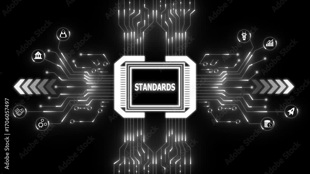 Poster digital circuit board with glowing lines and icons representing standards, technology, finance. tech