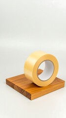 Roll of light beige tape on a wooden block