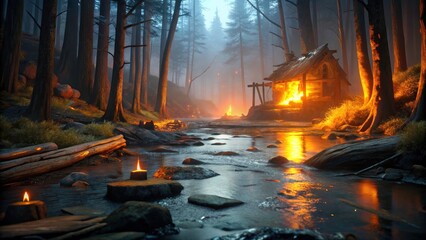Macro Campfire Photography: Abandoned Forest River, Amber Glow, Cabin Ruins