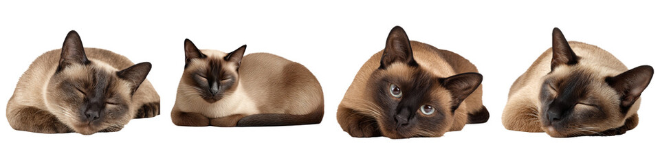 Siamese cat resting, relaxed, isolated, brown fur, blue eyes, transparent background