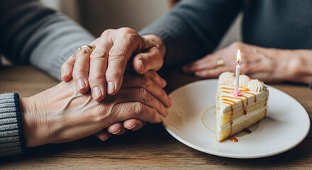 Elderly couple holding hands over a slice of cake with a candle, loving gesture, cozy indoor setting, copy space