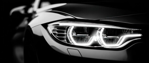 A dramatic close-up of a car's headlight in black and white, showcasing its modern design and sharp lines against a dark backdrop