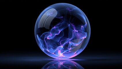 A vibrant, glowing sphere of energy, showcasing swirling, ethereal patterns in shades of blue and purple, rests on a dark surface, reflecting the captivating light.