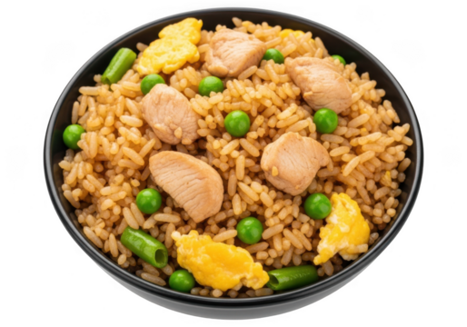 Top view of chicken fried rice in a bowl isolated on transparent background