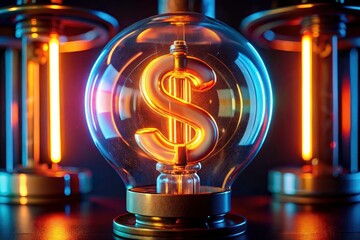 Macro Glowing Dollar Sign Light Bulb Photography - Closeup, Illuminated, Finance, Money, Wealth, Success, Bright, Electric