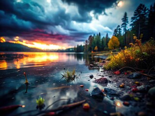 Macro Lake Shore Photography: Cloudy Evening, Windy Ripples, Forest Reflection