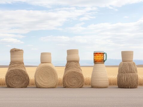 C&aacute;ntaros de heno alineados, una jarra de cerveza, botijos envases artesanales, alineados en el campo, cielo azul, cartel arte conceptual, feria productos locales