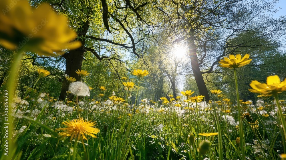 Poster spring meadow with dandelions and sunlight streaming through trees, creating a tranquil and beautifu
