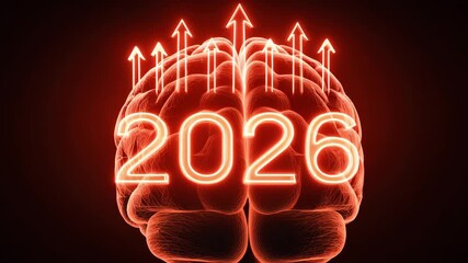 Glowing brain graphic with red neon 2026 and upward arrows over dark background, signaling new year beginning and growth