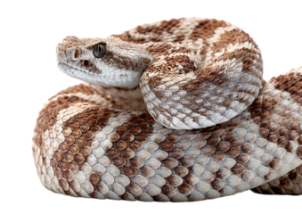 Close up of a coiled rattlesnake isolated on transparent background