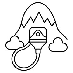 Oxygen tank and mountain landscape symbol for high altitude or travel adventure concept line art