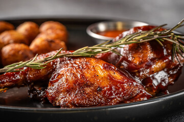 American barbecue chicken leg with rosemary and spicy sauce