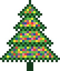 Decorated Christmas tree icon in pixel art style. Isolated vector illustration on transparent background.