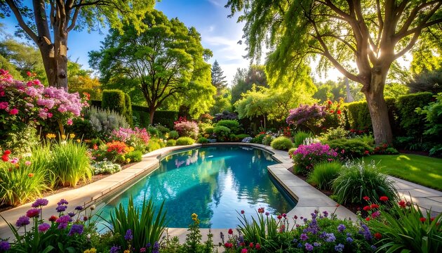 Lush garden with kidney-shaped pool, vibrant flowers, and sunlit trees