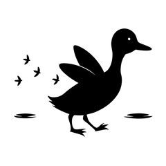 Black silhouette of a duck walking with birds flying silhouette
