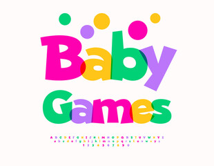 Vector Cute emblem Baby Games. Bright Watercolor Font for Children. Colorful Cartoon style Alphabet Letters and Numbers set.