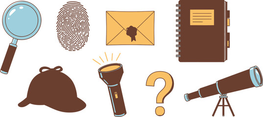 Detective Elements Magnifying Glass, Fingerprint, Flashlight, Hat and Telescope