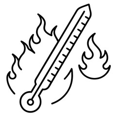 Elevated thermometer surrounded by flames representing fever or high temperature in a vector style drawing