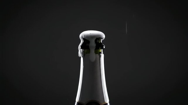 Hand gripping a sparkling wine bottle, as cork pops off, releasing foam and bubbles into the air, capturing the excitement of celebration and the moment of effervescence