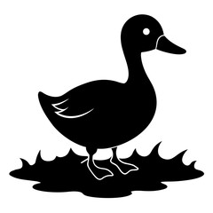 Cute black duck silhouette standing on grassy ground silhouette
