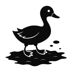 Cute cartoon duckling standing in a puddle silhouette