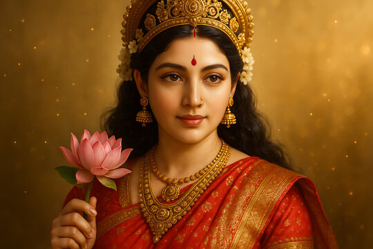 a captivating close up of goddess lakshmi with a serene expression adorned in beautiful golden jewelry holding a lotus flower during a Lakshmi puja festival