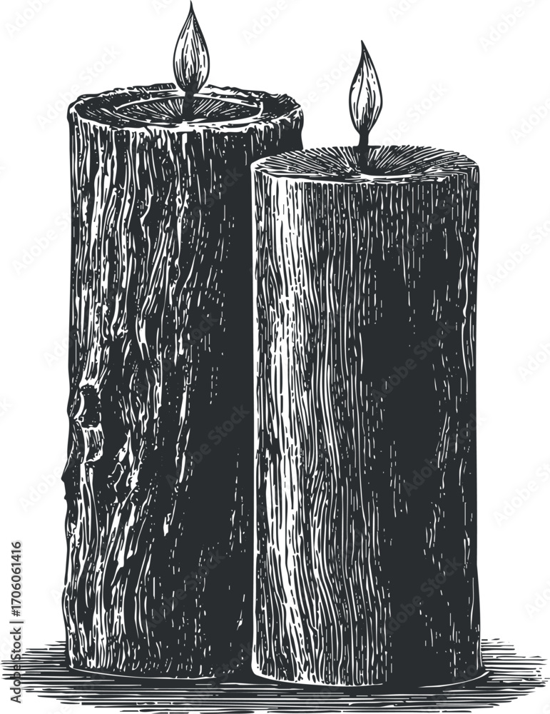 Poster illustration of two rustic candles with flames creating a warm and inviting ambiance.