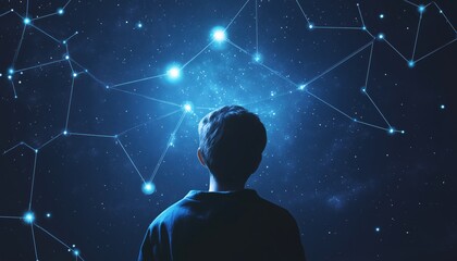 Child Observing Star Constellation That Resembles A Molecular Structure: A Fascinating Connection Between Astronomy And Science Seen By A Young Boy.