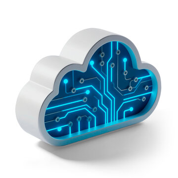 3D illustration of a technology cloud icon with glowing blue digital circuits, symbolizing cloud storage, data processing, and the rise of artificial intelligence, with transparent background and shad
