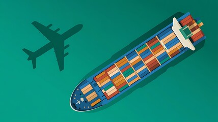 Fototapeta premium Aerial view of a large cargo ship filled with colorful containers casting a shadow next to an airplane silhouette on a teal background