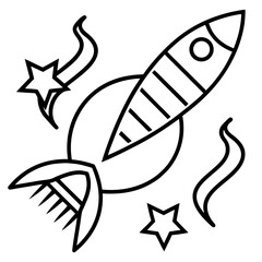 Fototapeta premium Line art rocket ship with stars orbiting a planet in black and white illustration