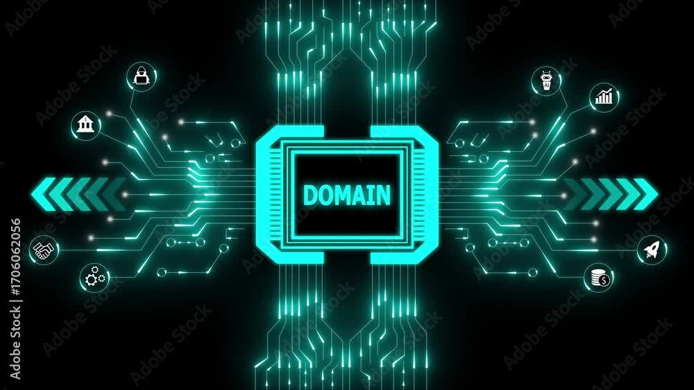 Poster digital domain network with glowing circuit board and business icons technology. data, analytics, an