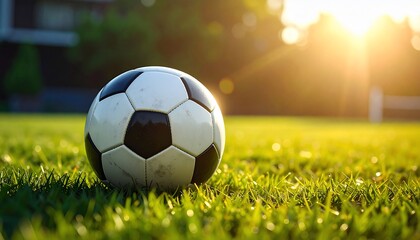 Fototapeta premium Soccer Ball on Green Grass at Sunset