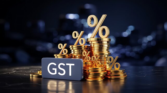 Golden coins stacked high with percentage signs and gst sign symbolizing financial growth and taxation concepts