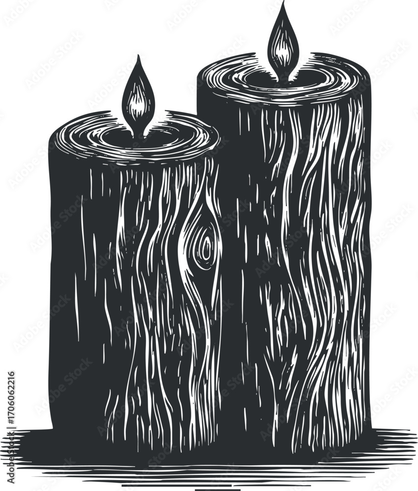 Poster two rustic wooden candles with flames glowing softly creating a warm and inviting atmosphere.