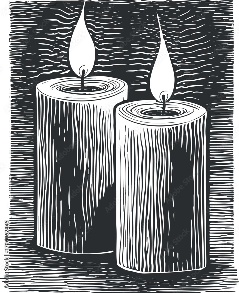 Poster two intricately designed candles with flames, evoking warmth and tranquility in any setting.