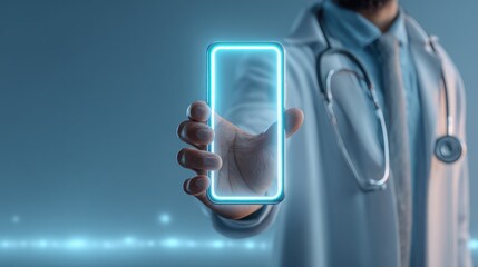A medical professional holds a futuristic smartphone, symbolizing the integration of technology in healthcare and telemedicine.