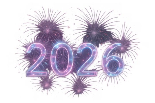 2026 neon sign celebrating new year with fireworks on transparent background