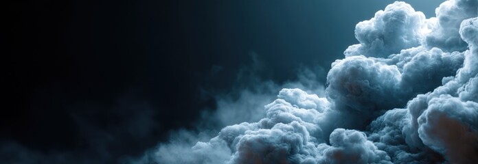A dramatic, close-up image of swirling clouds against a dark background, with a strong contrast between light and shadow